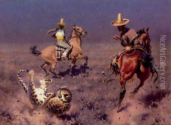 Gauchos and Leopard Oil Painting - Hugo Ungewitter