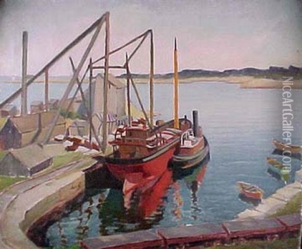 Rockport Docks Oil Painting - Bernard I. Green