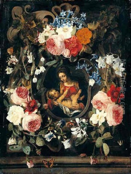 A Still Life Of A Garland Of Flowers With The Virgin And Child Set Within A Stone Cartouche Oil Painting - Christiaan Luycks