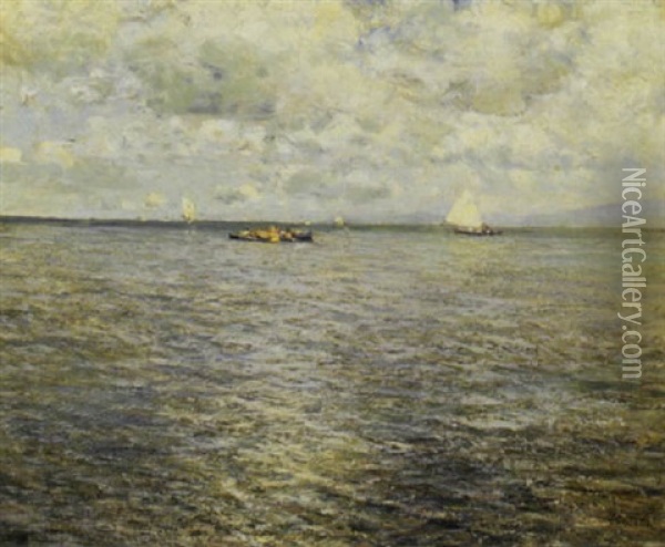 Marina Con Barche E Pescatori Oil Painting - Attilio Pratella
