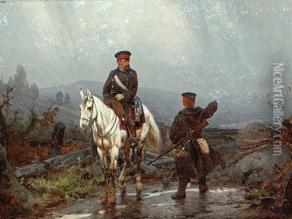 A Prussian Officer On Horseback With A Footsoldier; Combat In The Snow (a Pair) Oil Painting - Christian I Sell