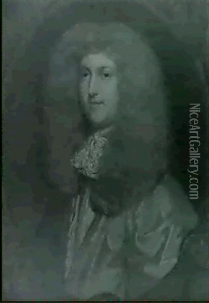 Portrait Of Edmund Lord Hobart, Bust Length, Wearing A      Gold Satin Cloak And A White Cravat, In A Painted Cartouche Oil Painting - Mary Beale