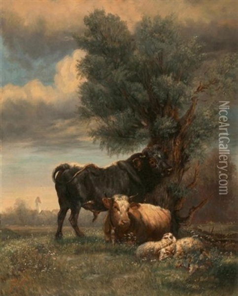 Kuhe Und Schafe Vor Einem Dorf Oil Painting - Julius Maurer