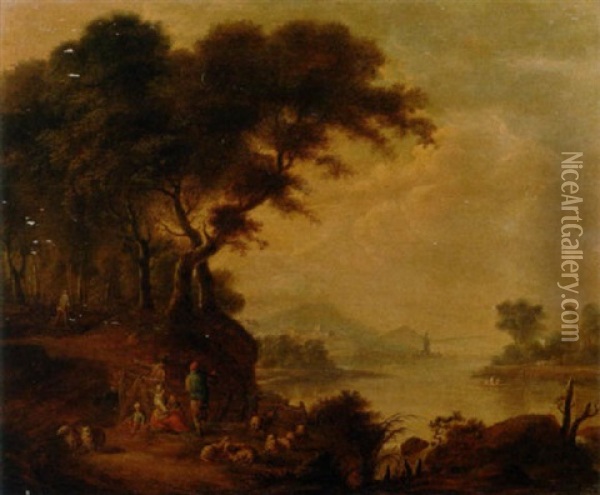 A Wooded River Landscape With Figures And Sheep On A Bank, Figures In A Rowing Boat Beyond, A View To A Town In The Distance Oil Painting - Antonie Pierre Verhulst