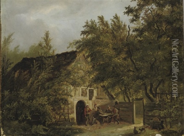 Peasants Outside A Cottage In A Wooded Landscape Oil Painting - Pieter Barbiers the Elder