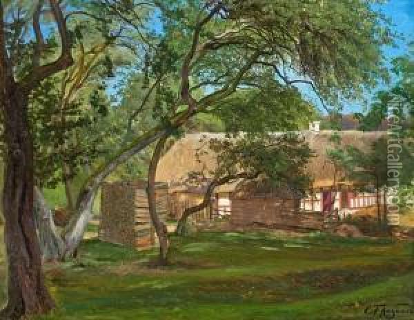 A Sunny Farm Exterior. Signed C.f. Aagaard Oil Painting - Carl Frederick Aagaard