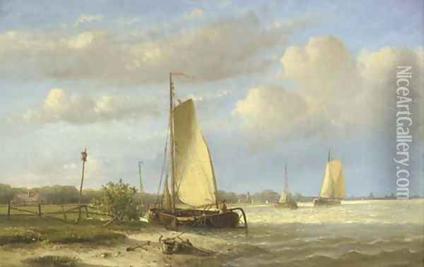 Sailing barges on a river; Vessels on a calm river Oil Painting - Hendrik Hulk