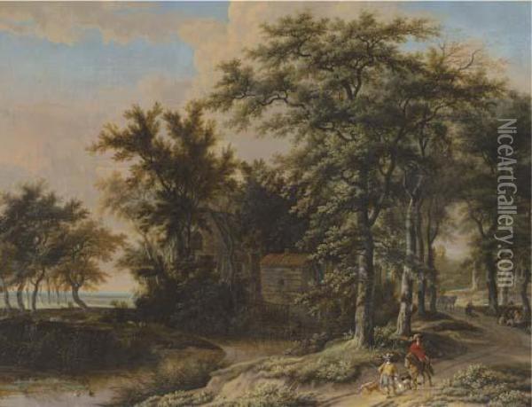 A Wooded Landscape With Hunters On A Path Oil Painting - Adriaen Hendricksz. Verboom