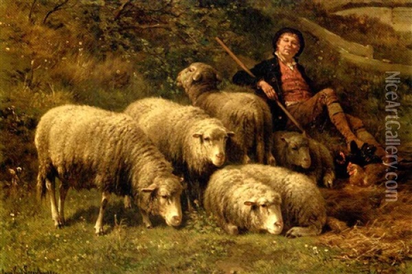 A Shepherd With His Flock (in Collab. With Jan David Col) Oil Painting - Cornelis van Leemputten