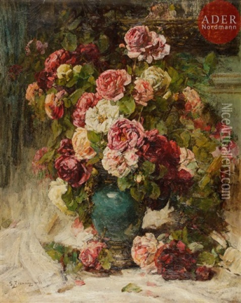 Vase De Roses Sur Un Entablement Oil Painting - Georges Jeannin