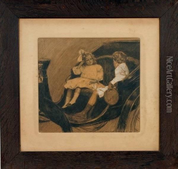 Illustration With Two Children In A Carriage Oil Painting - Lucius Wolcott Hitchcock