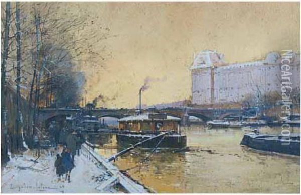 Le Pont Royal Et Le Louvre Oil Painting - Eugene Galien-Laloue