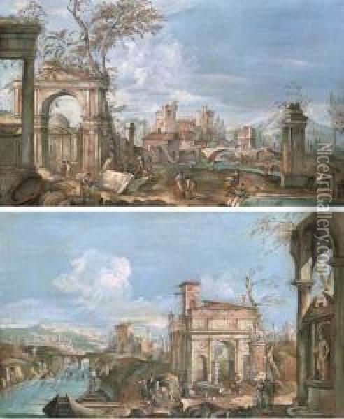 An Architectural Capriccio With Peasants Among Ruins; And Anarchitectural Capriccio With Peasants By A River Oil Painting - Andrea Urbani