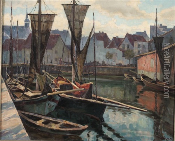 Boats In A Port Oil Painting - Georg Hesse