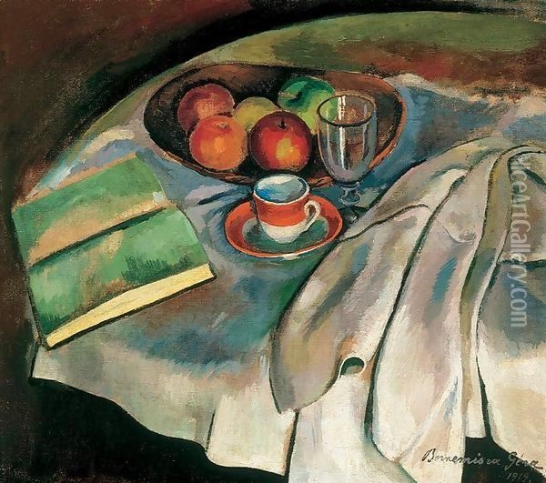 Still life with White Tablecloth 1919 Oil Painting - Frigyes Frank