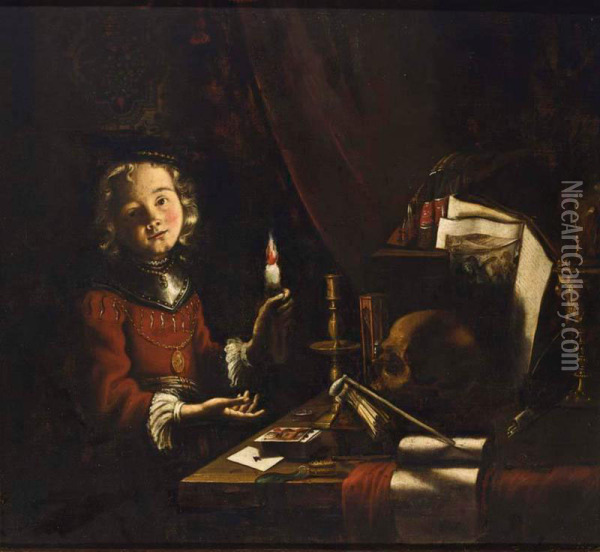 A Vanitas Still Life Of A Young Boy Holding A Candle In Front Of A Table With Playing Cards, A Candle Stick, An Hour-glass, Smoking Utensils, A Skull, A Watch, Books, A Music Score And A Silver Gilt Cup Oil Painting - Adam de Coster