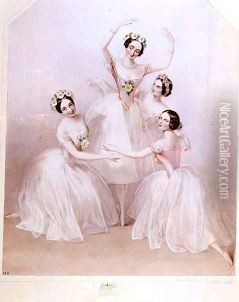 The 'Pas de Quatre': Carlotta Grisi (1819-99) Marie Taglioni (1804-84) Lucile Grahn (1819-1907) and Fanny Cerrito (1817-1909) Oil Painting - Alfred-Edward Chalon