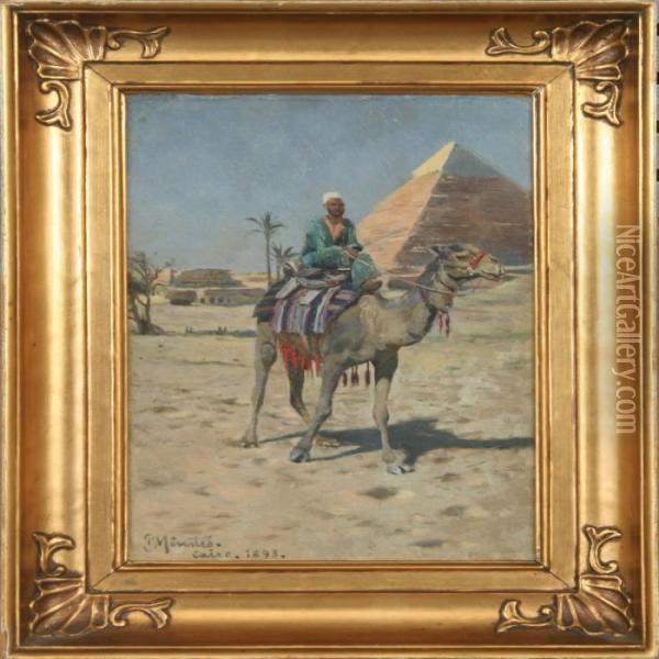 Bedouin Riding A Camelin Front Of A Pyramid Oil Painting - Peder Mork Monsted