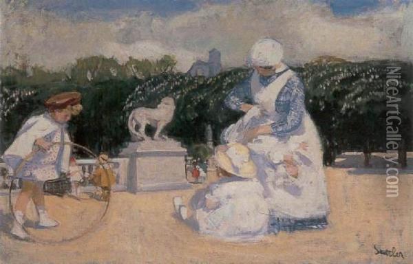 Playing With The Nanny In The Garden Of Luxembourg Oil Painting - Martha Stettler