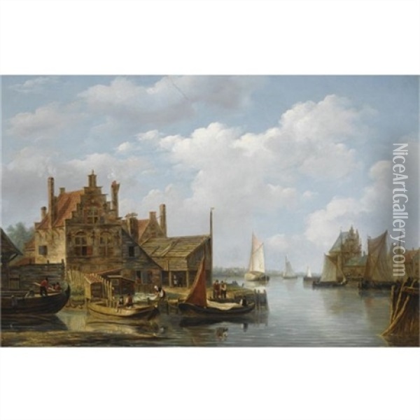 A View Of A Riverside Village Oil Painting - Frans Jacobus van den Blyk