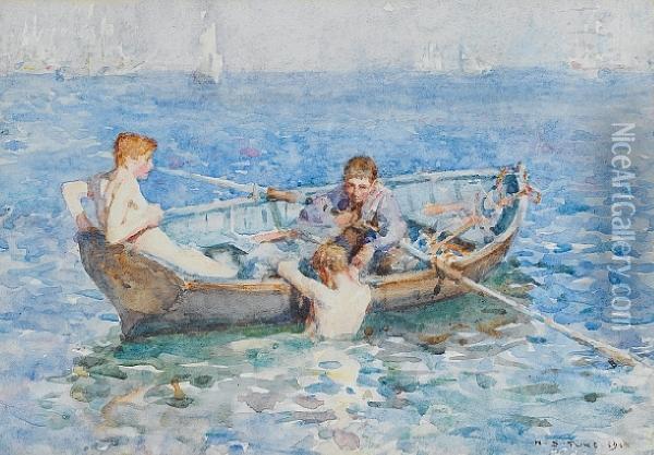 August Blue Oil Painting - Henry Scott Tuke