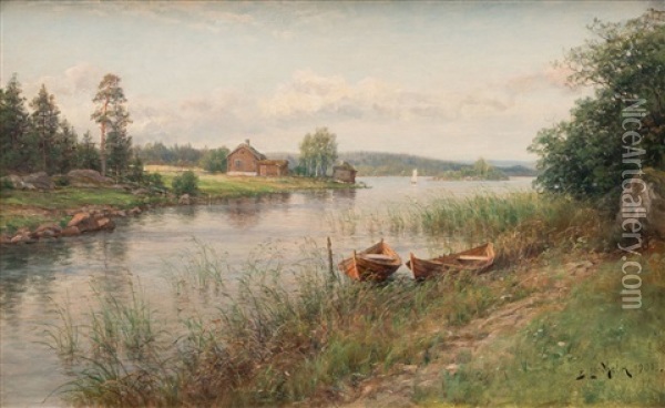 Boats In Summer Landscape Oil Painting - Berndt Adolf Lindholm