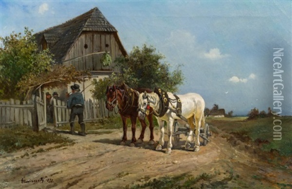 Pferdefuhrwerk Vor Einem Heurigen Oil Painting - Ignaz Ellminger