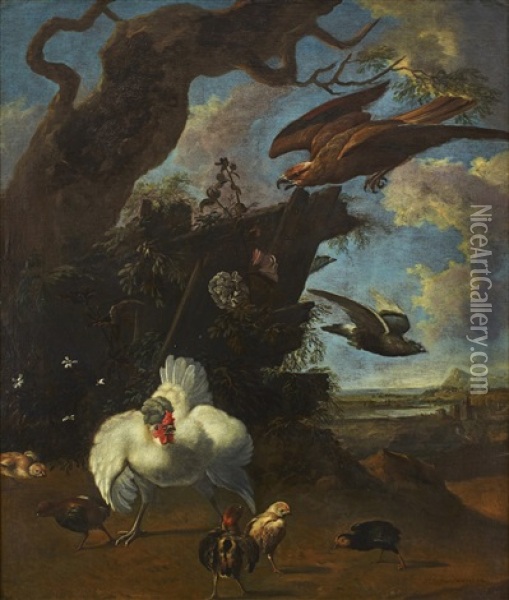 Hens, Chickens, A Dove And A Bird Of Prey In A Landscape Oil Painting - Melchior de Hondecoeter