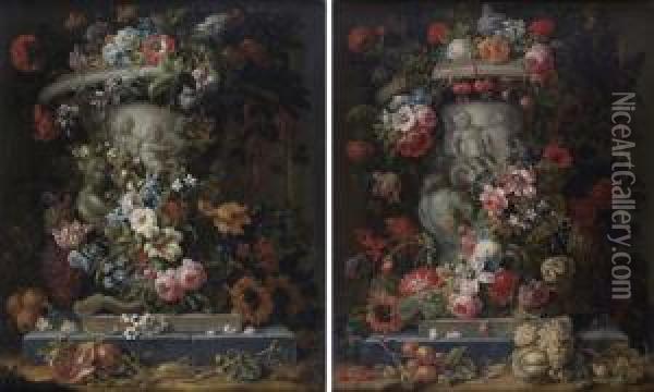Vases Sculptes Decores De Guirlandes De Fleurs Oil Painting - Gaspar-pieter The Younger Verbruggen