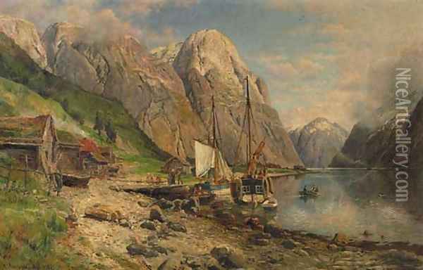 Fisherfolk in a fjord in summer Oil Painting - Anders Monsen Askevold