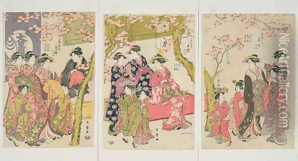 Courtesans Strolling Beneath Cherry Trees Before the Daiko, c.1789 Oil Painting - Kitagawa Utamaro