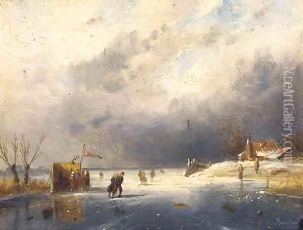 Skaters on the ice by a koek en zopie Oil Painting - Charles Henri Leickert