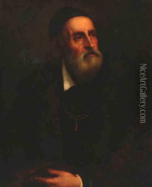 Portrait of the Artist, half-length in a black coat Oil Painting - Tiziano Vecellio (Titian)