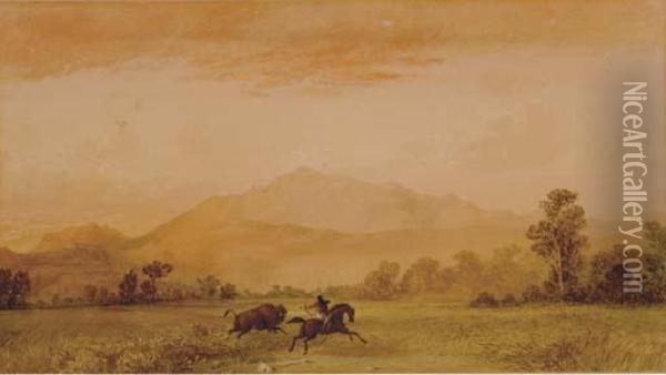 Hunter On Horseback With Charging Bull Oil Painting - Henry Hitchings