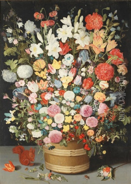 An Extensive Bouquet Of Mixed Spring And Summer Flowers In A Wooden Tub Beside A Squirrel Oil Painting - Jan Brueghel the Younger