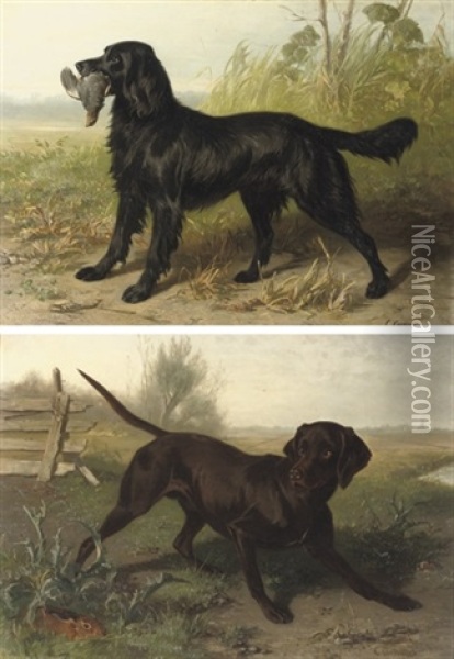 A Black Setter With It's Prey (+ A Black Labrador; Pair) Oil Painting - Conradyn Cunaeus