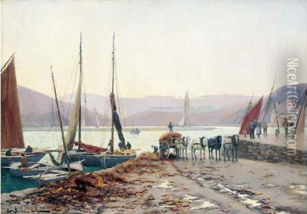 Ramasseurs De Goemon Au Port. Oil Painting - Etienne Bouille