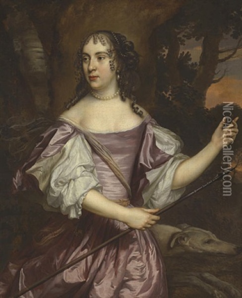 Portrait Of A Lady As Diana Wearing A Lavender And White Satin Dress, Beside A Hound In A Landscape Oil Painting - Jan Mytens