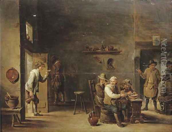 Peasants smoking in an interior with other figures by a fireplace Oil Painting - David The Younger Teniers