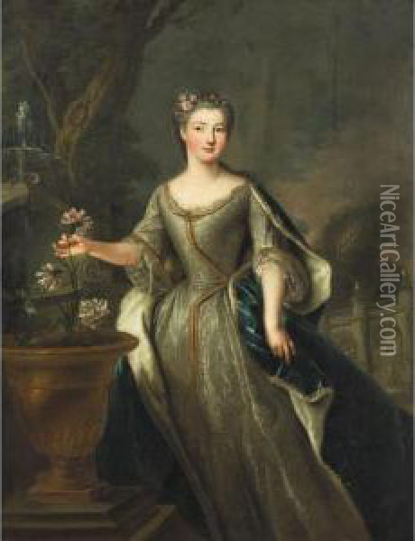 Portrait Of A Lady In A Formal 
Garden Exterior, Full-length, Wearing An Elaborate Dress And Picking A 
Flower From A Bronze Urn Oil Painting - Pierre Gobert