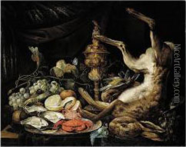 Still Life With A Hare, A Gold Finch, A Gold Chalice, Some Grapes, A Lemon And A Plate Of Shell Fish, On A Table Oil Painting - Philipp Sauerland