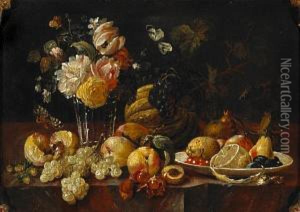 A Still Life With Flowers In A 
Glass Vase, A Lemon, Cherries And Other Fruit In A Porcelain Vase With 
Butterflies And Other Fruit On A Ledge; Also A Companion Still Life (a 
Pair) Oil Painting - Johann Amandus Winck