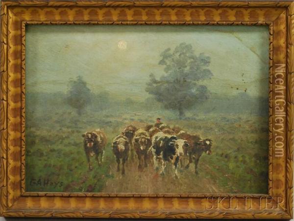Cows And Drove On A Dirt Lane Oil Painting - George Arthur Hays