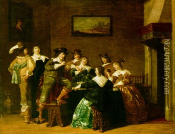 An Elegant Company Playing Music In An Interior Oil Painting - Anthonie Palamedesz