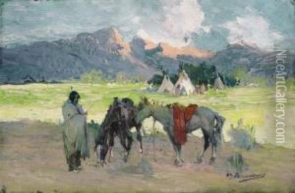 Tending Horses At The Encampment Oil Painting - Oscar Edmund Berninghaus