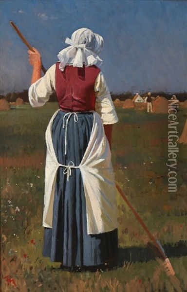A Peasant Woman Working With Her Back To The Sun Oil Painting - Frants Peter Didrik Henningsen