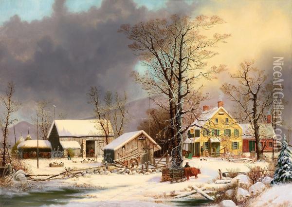 Winter In The Country, A Cold Morning Oil Painting - George Henry Durrie