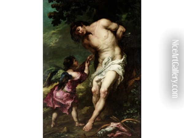 Saint Sebastian Tended By An Angel Oil Painting - Juan De Valdes Leal