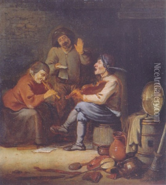The Sense Of Hearing: Peasants Music-making In A Barn, A Pile Of Kitchen Utensils In The Foreground Oil Painting - Pieter de Bloot