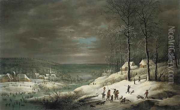 Winter Landscape with Hunters Oil Painting - Lucas Van Uden